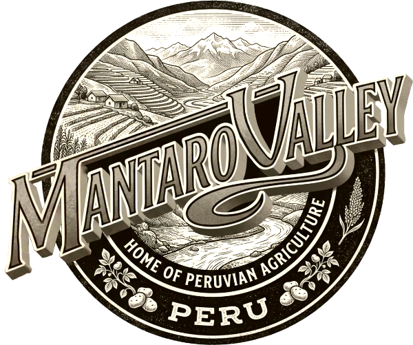 Mantaro Valley, Peru emblem showing the mountains, river potatoes and quinoa